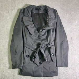 Sandro Studios Gray Ruffled Single Breasted Light Trench Coat Belted Waist Small